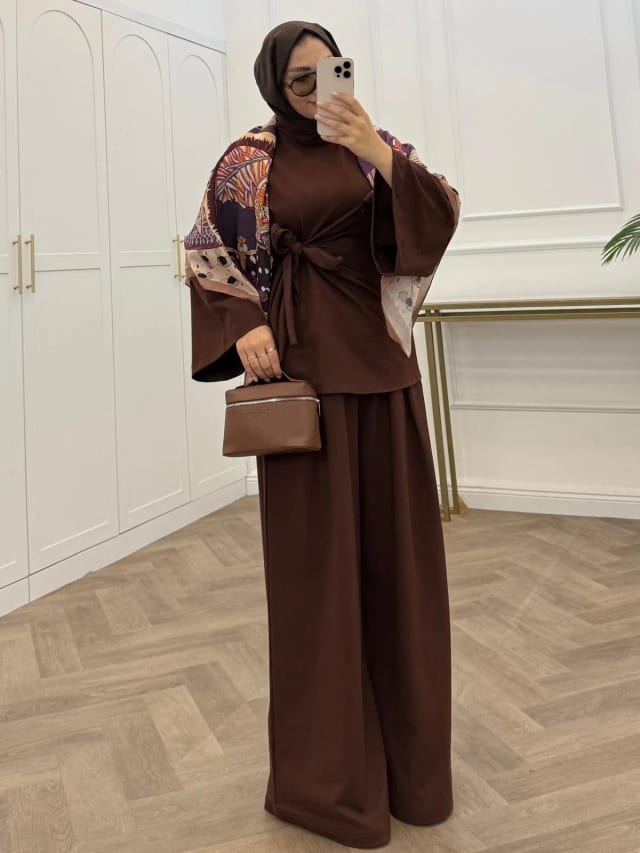 BELDEN BAĞLAMALI ŞARDONLU TAKIM KAHVE